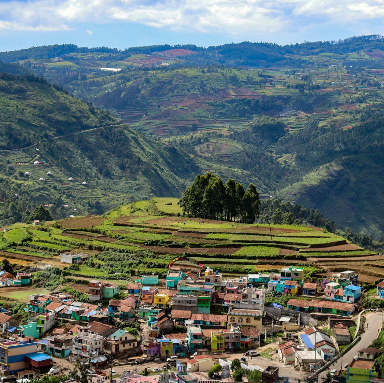 A breathtaking aerial shot of Kodaikanal's lush countryside and colorful village, depicting serene rural life.